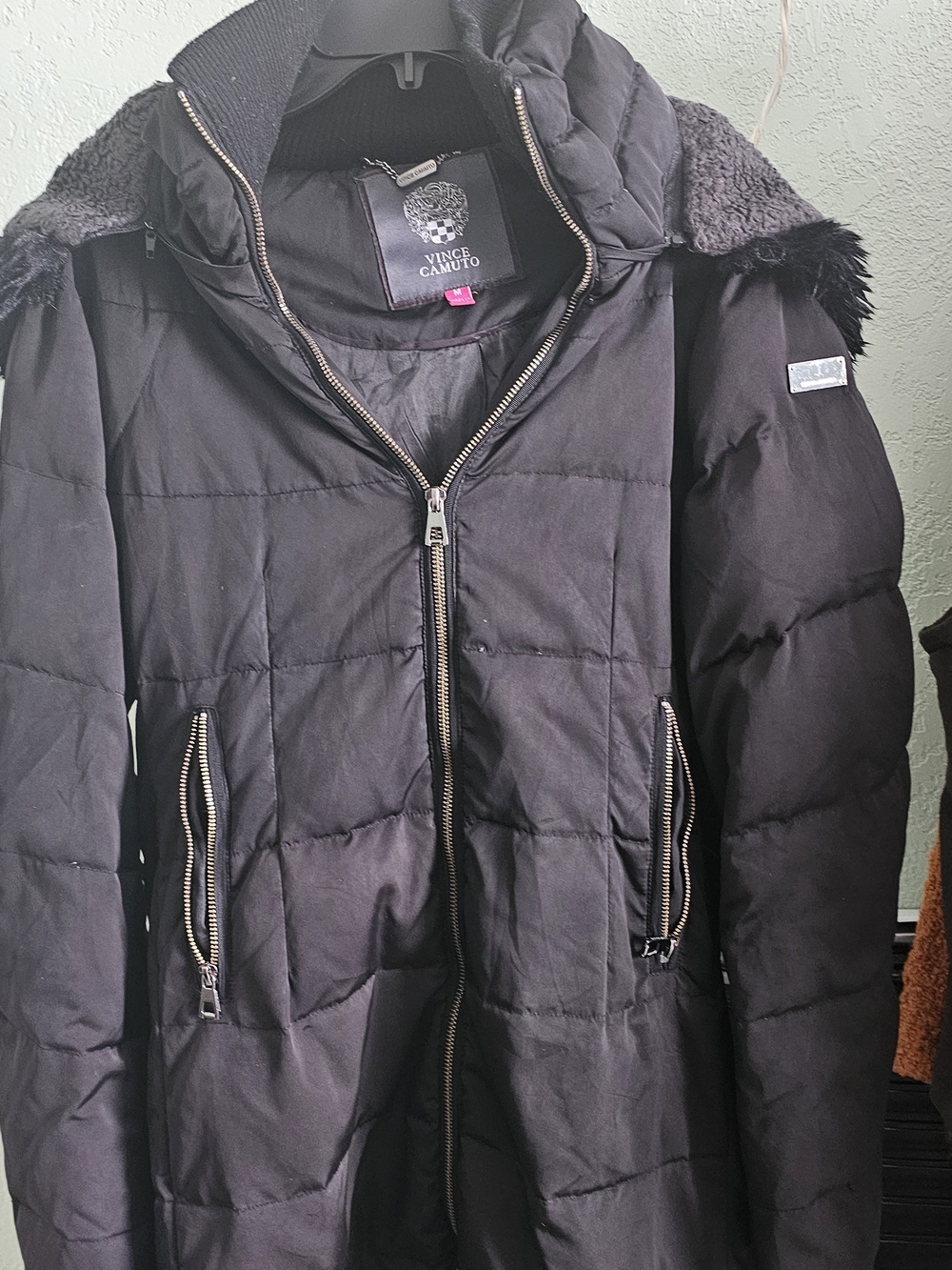 Vince Camuto Women's Black Quilted Puffer Coat with Faux Fur Trim